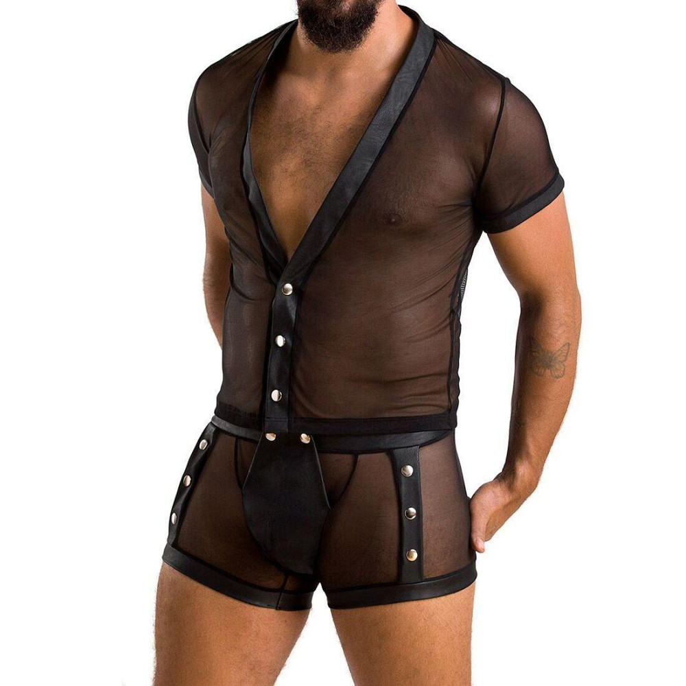 Комплект сетчатого мужского белья Passion 052 SET MICHAEL XXL/XXXL black, рубашка, боксеры, заклепки Sex Aura Киев - изображение 1