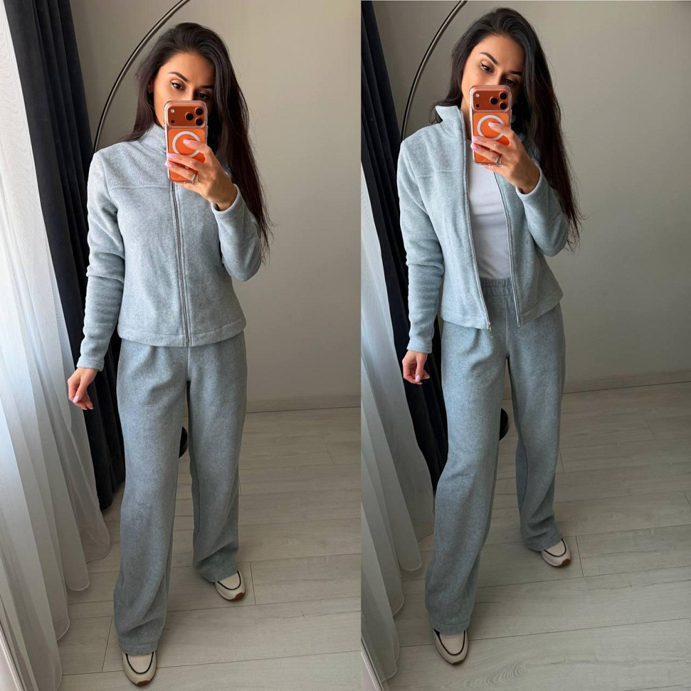 Жіночий повсякденний теплий костюм-двійка: кофта на блискавці та штани турецький двосторонній фліс Сірий, 50/52 Одеса - фото 1