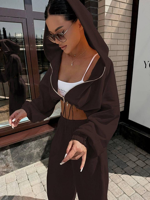 Жіночий стильний костюм оверсайз: худі та штани двонитка Шоколад, 48/50 Одеса - фото 2