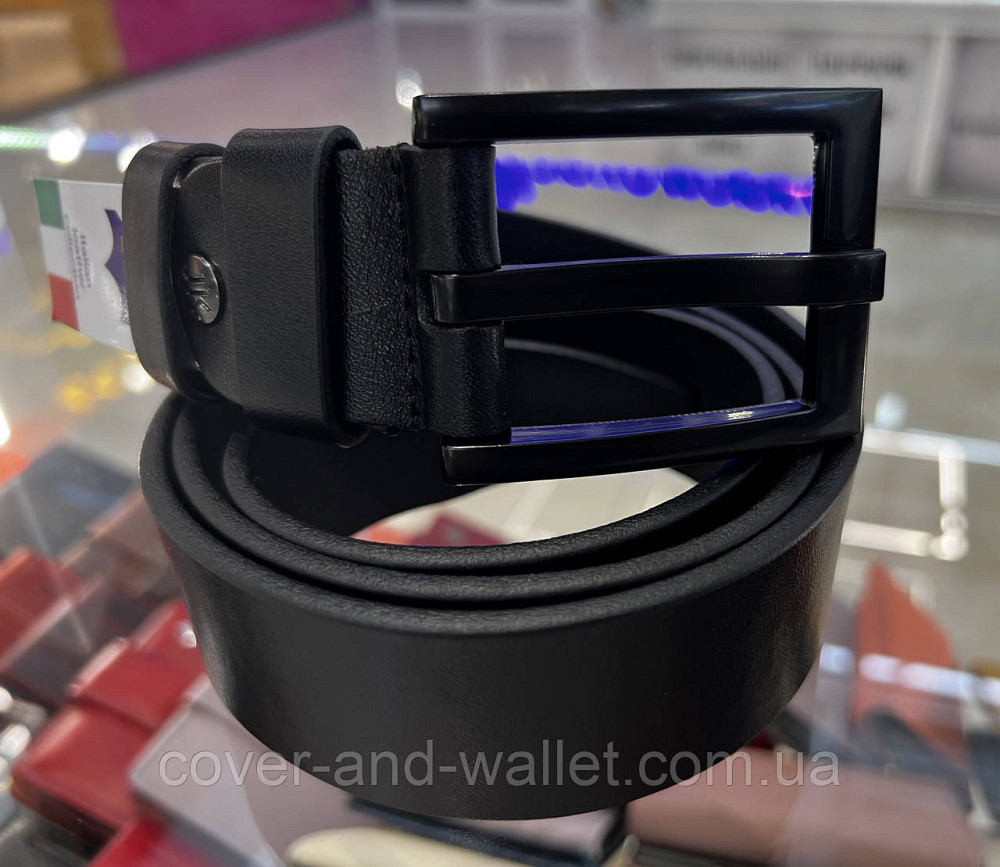 Чоловічий широкий ремінь чорного кольору з італійської шкіри 40мм PS Leather Київ - фото 4