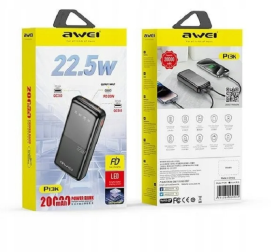 Портативний Power Bank AWEI P13K 20000mAh 22,5W з LED-дисплеєм USB/Type-C ідеальний при відключенні світла Одеса