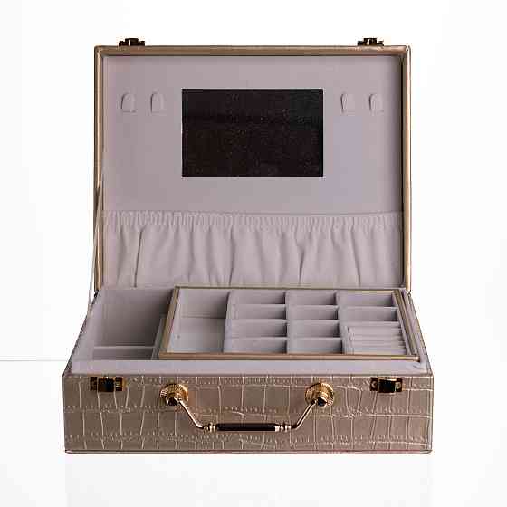 Скринька для прикрас з еко шкіри 19 відділень з дзеркалом 23.5×14×8 см Золотистий HP-5-20GOLD Коломыя