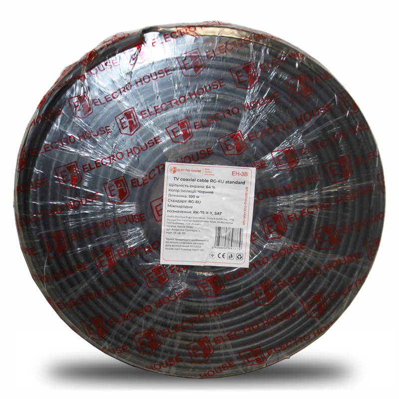 Кабель коаксиальный RG-6U 64% обмеденная сталь 1.02 ПВХ, черный, 100 м Днепр - изображение 1