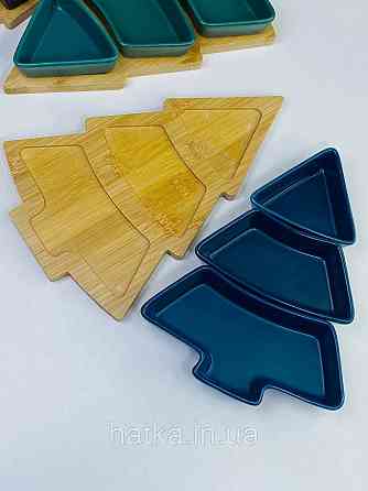 Тарілка менажниця новорічна "Синя Ялинка" кераміка 26*15*h5 см бамбукова підставка 8030-354 Київ