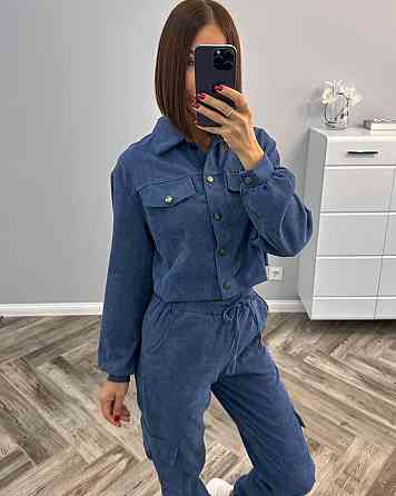 Женский стильный базовый костюм двойка из микровельвета Джинс, 46/48 Одесса