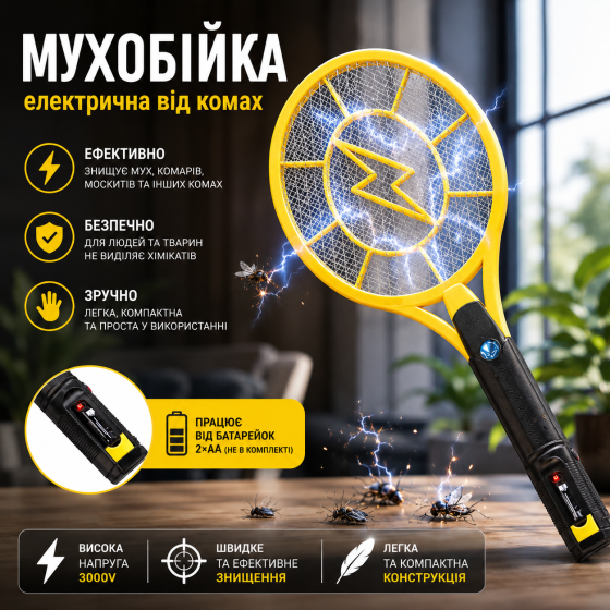 Электрическая мухобойка-ракетка от насекомых Bug Catcher 3500V на батарейках, ручной электронный уничтожитель мух и комаров, оранж Киев