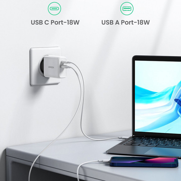 Зарядний пристрій 2xUSB 38W (1хUSB-A+1xType-C) Wall Charger Білий CD170 Ugreen (60468) Київ - фото 5
