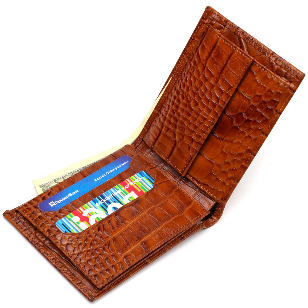 Современный кошелек для мужчин из натуральной кожи с тиснением под крокодила Коричневый (CANPELLINI) Киев - изображение 9