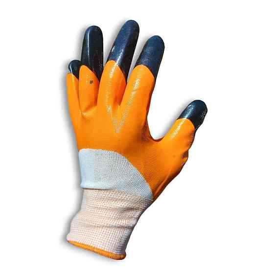 Робочі рукавички з жовтогарячо-чорним нітриловим покриттям для захисту рук у будівництві та господарстві Харків