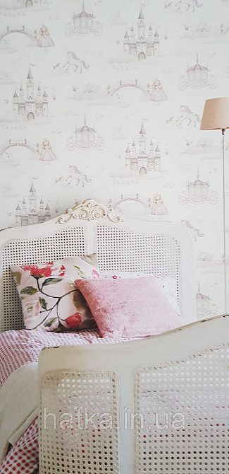 Шпалери флізелінові еко Rasch Kids World II 0.53х10 дитячі принцеси замки карети лебеді рожеві на білому Київ - фото 2