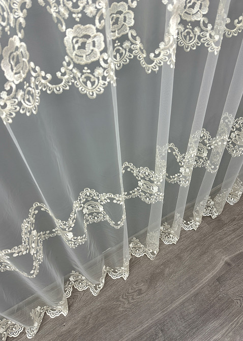 Тюль фатин с вышивкой цвет кремовый 1849т Киев - изображение 5