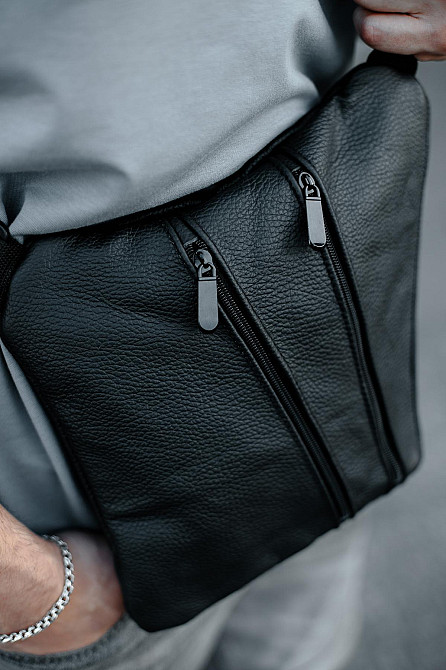 Сумка-слинг из натуральной кожи, сумка через плечо мужская SL026 (Черная) Сумы - изображение 7