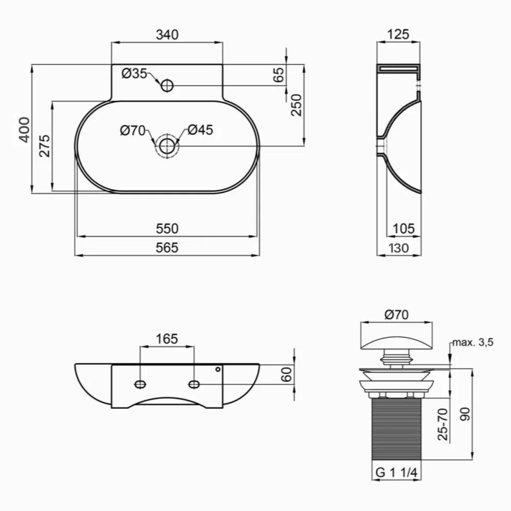 Комплект Qtap Cardinal: Раковина підвісна/накладна овальна 565х400х130 мм White + Донний клапан PU02 Київ - фото 9