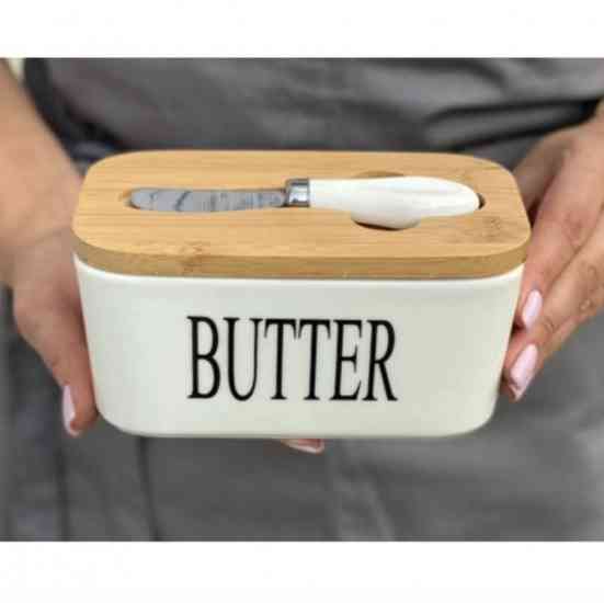 Масленка с ножом, керамическая, белая с бамбуковой крышкой 650мл Винница