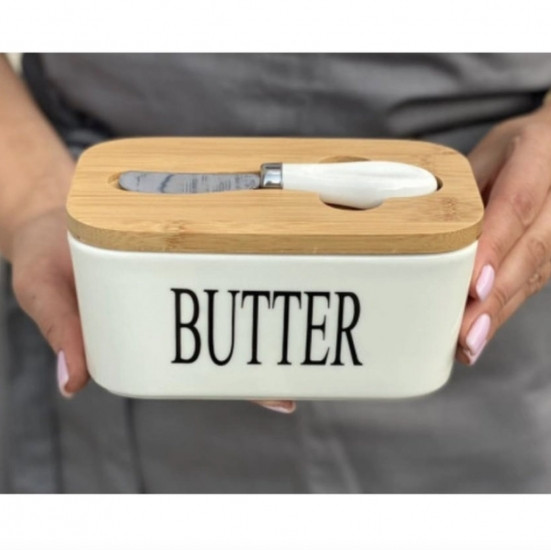 Масленка с ножом, керамическая, белая с бамбуковой крышкой 650мл Винница - изображение 6