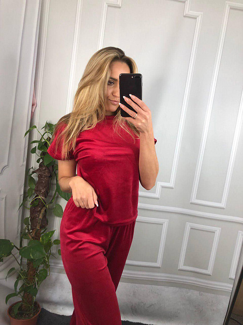 Пижама-комплект (футболка+шорти+штаны) из плюшевого велюра вишневый M Харьков - изображение 4