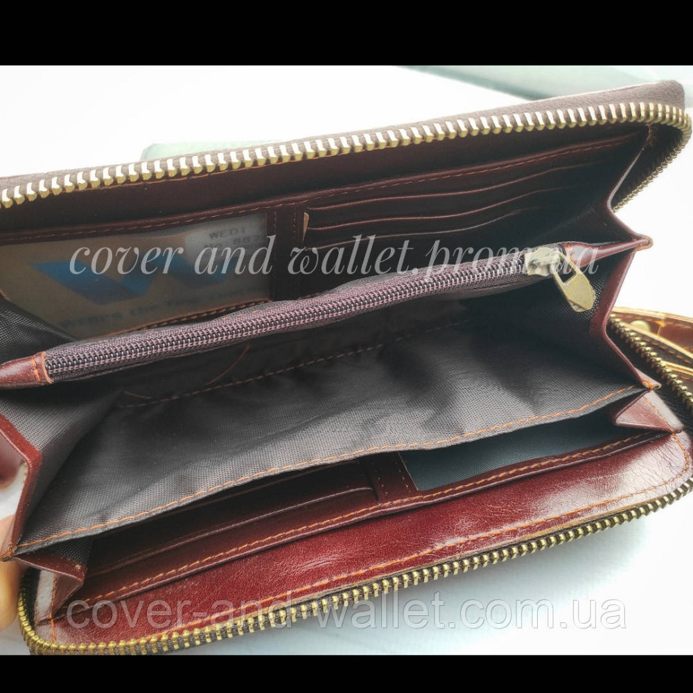 Стильний чоловічий шкіряний гаманець на одну блискавку бордового кольору Wedis Київ - фото 9