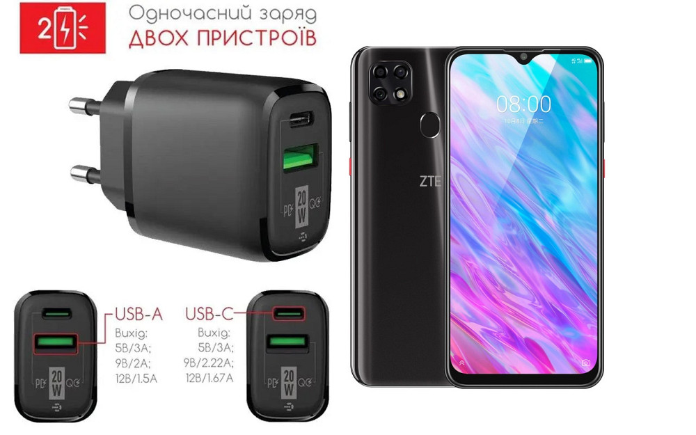 Сетевое зарядное устройство для ZTE Blade 20 Smart, 20W 3A, Quick Charge 3.0 Киев - изображение 1