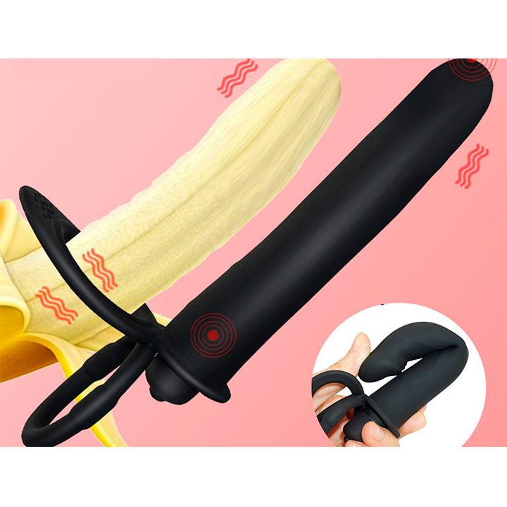 Ерекційне кільце з вібрацією та фалоімітатором для подвійного проникнення - Тілесний - Анальні іграшки Вінниця - фото 2