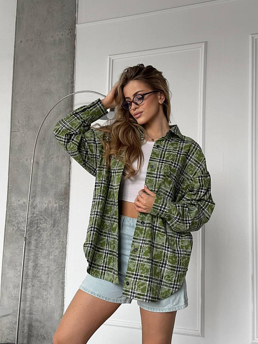 Женская трендовая оверсайз рубашка в клетку коттон варка Зелёный Одесса - изображение 3