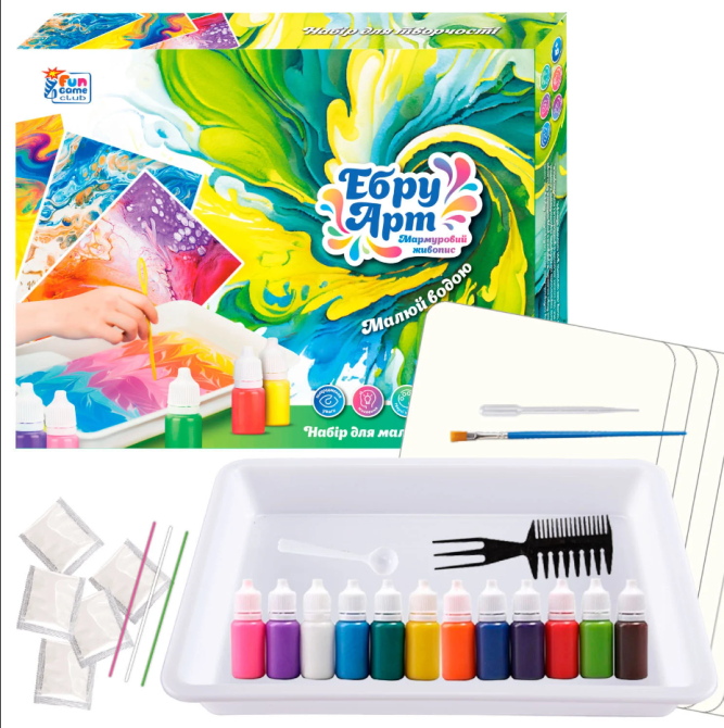 Набір для творчості Ебру 4FUN Game Club 12 пігментів 10 аркушів акварельного паперу інструменти (87752) Чернигов - изображение 1