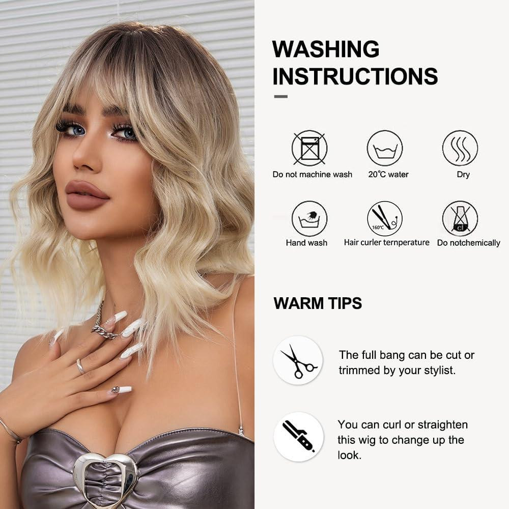 Перука коротка хвиляста каре блонд омбре з чубчиком, термостійке синтетичне волосся з натуральним проділом,  для зміни образу Київ - фото 3