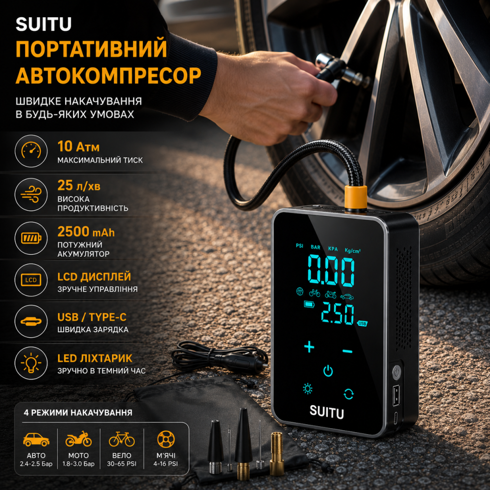 Автокомпресор акумуляторний SUITU портативний, бездротовий насос 10 Атм, 25 л/хв, LCD дисплей, для авто, мотоцикла, велосипеда Київ - фото 11
