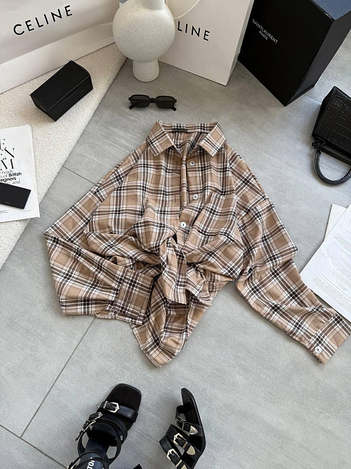 Женская стильная оверсайз рубашка в клетку фланель 100% коттон Беж Одесса - изображение 4