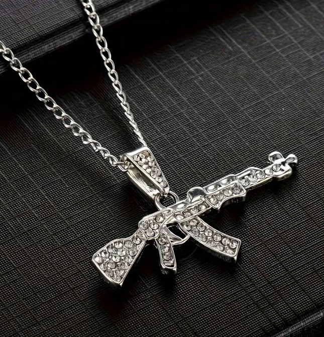 Кулон автомат с кристаллами серебристый мужская цепочка с подвеской оружие ожерелье 45+5 см Киев - изображение 3