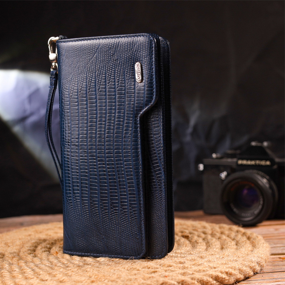 Добротне портмоне клатч із натуральної фактурної шкіри CANPELLINI 21542 Синє Київ - фото 8