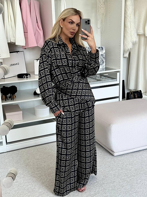 Жіночий легкий принтований костюм-двійка: сорочка та штани з хусткою сатин Чорний 2 Одеса - фото 5