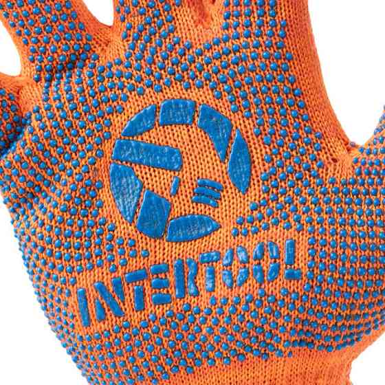 Рукавичка трикотажна, сині ПВХ крапки, 70% бавовна / 30% поліестер, 10", клас в’язки 10, помаранчева, 50 г INTERTOOL SP-0131 Київ