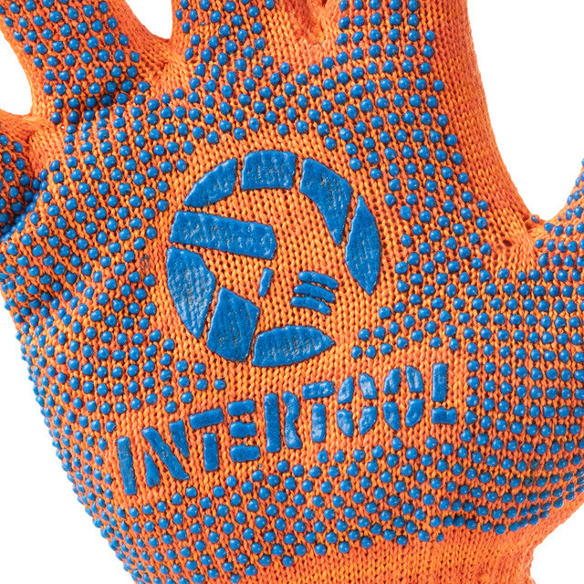 Рукавичка трикотажна, сині ПВХ крапки, 70% бавовна / 30% поліестер, 10", клас в’язки 10, помаранчева, 50 г INTERTOOL SP-0131 Київ - фото 5