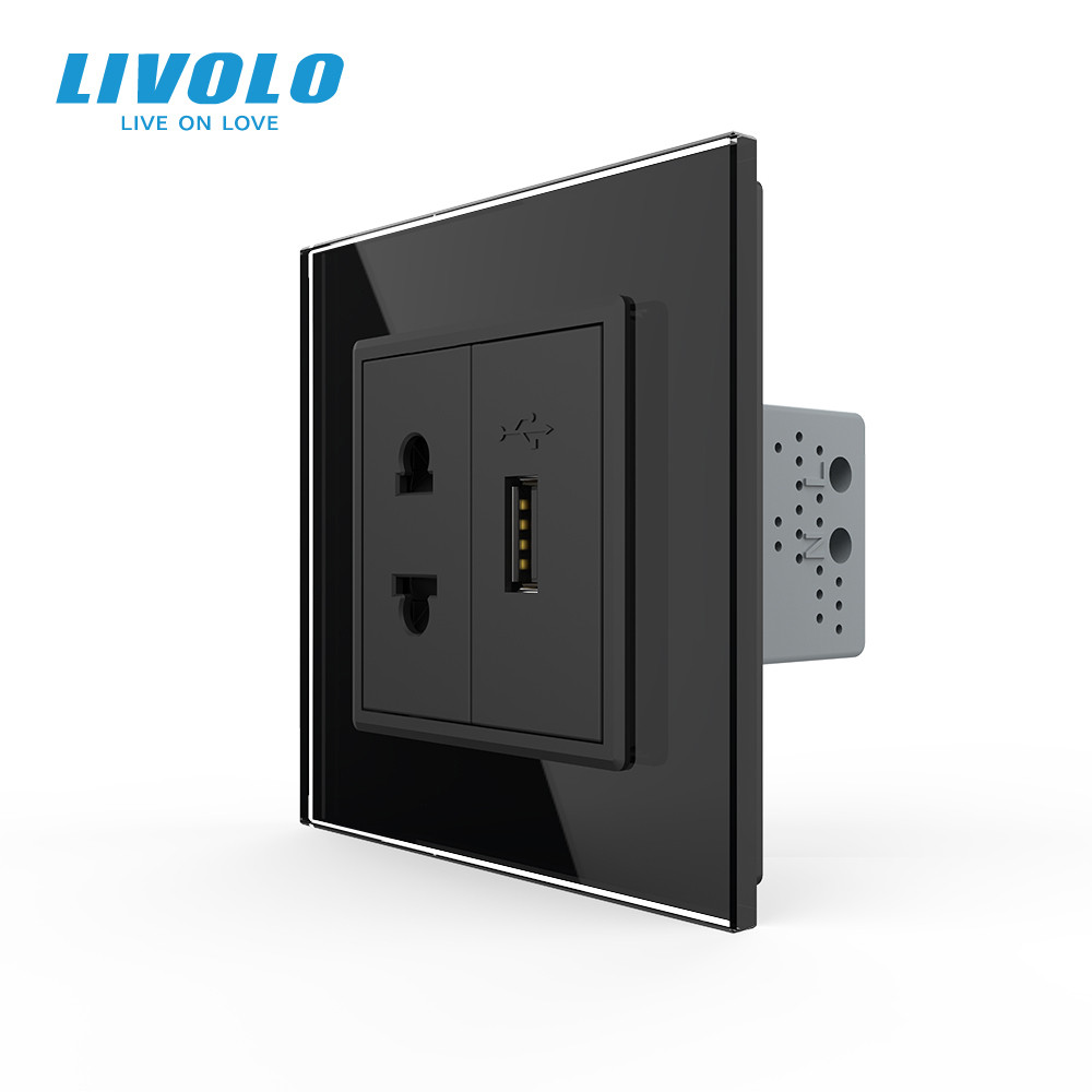 LIVOLO Розетка універсальна з USB розеткою Livolo чорний скло (VL-C7C1AUSB-12) Коломия - фото 1