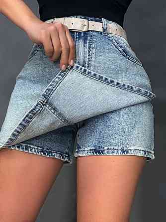 Шорти-спідниця жіночі Liana 4-050 джинсові короткі на запах з ременем блакитні, блакитний, 30, 30, 82 см, 109 см Київ