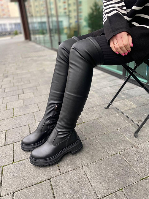 Edan Instruments Ботфорти зимові жіночі з натуральної шкіри чорні на низькому ходу високі, напо Коломия - фото 1