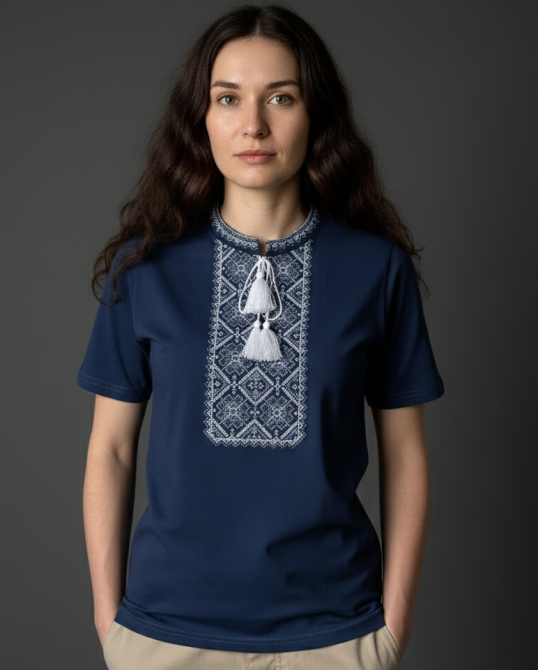 Женская футболка вышиванка темно синяя с бело-серым орнаментом M Киев - изображение 1