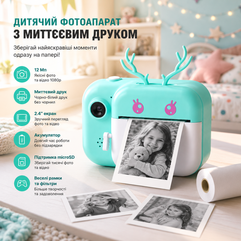 Уценка! Детский фотоаппарат с мгновенной печатью 12Мп 1080p для ярких моментов (Голубой) Киев - изображение 8