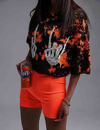 Жіночий стильний літній костюм-двійка: топ tie dye + комбез двонитка + мікродайвінг Жовтогарячий, 46/48 Одеса