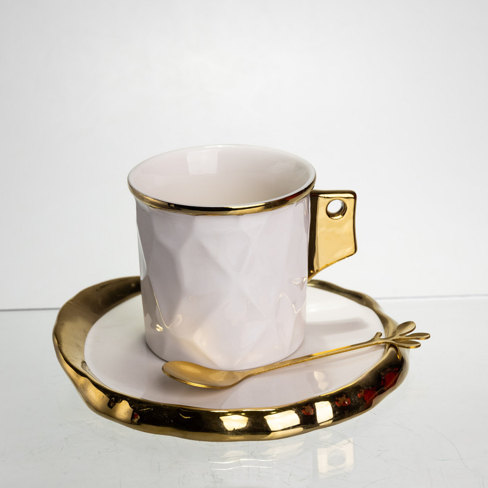 Фарфоровий комплект чашки з блюдцем і ложкою, білий з золотом Київ - фото 3