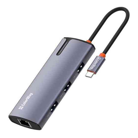 Док-станція ColorWay USB-C 6-в-1 Type C PD 100W/USB3.0х3/USB2.0/RJ45 (CW-HUB03) ( Сірий ) Харьков