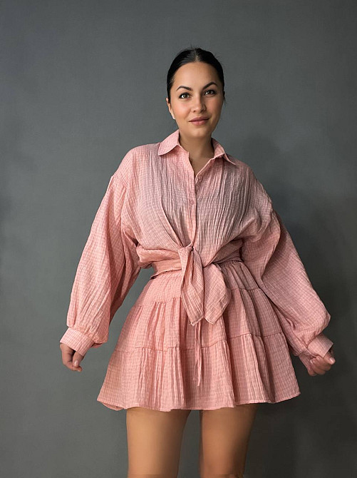 Костюм жіночий Xingyue 318-3 мусліновий у клітинку сорочка оверсайз і спідниця-шорти, рожевий, one size Київ - фото 11