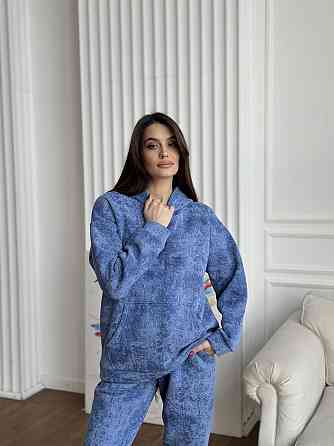 Теплый костюм женский мраморный принт на флисе Голубой S-M Харьков