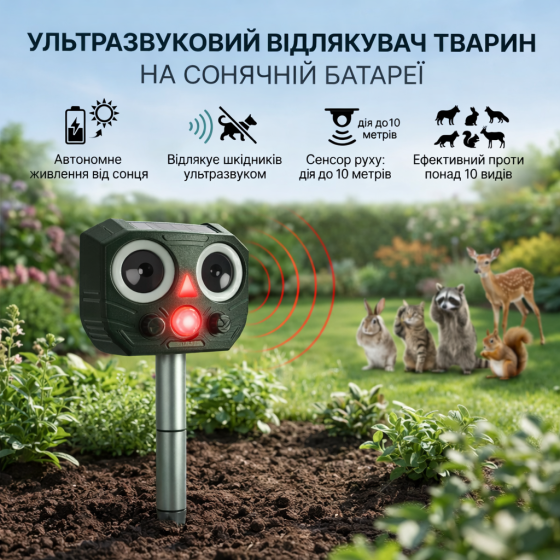 Сонячний ультразвуковий відлякувач шкідників B-Lynn водонепроникний PIR 110° до 8м для тварин саду/двору Київ