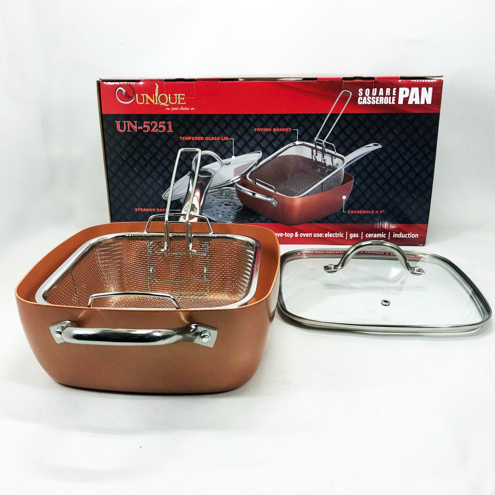 Сковорода-фритюрниця UNIQUE UN-5251 квадратна антипригарна з пароваркою та каструлею + скляна кришка 24 см IE-51 Львів - фото 15