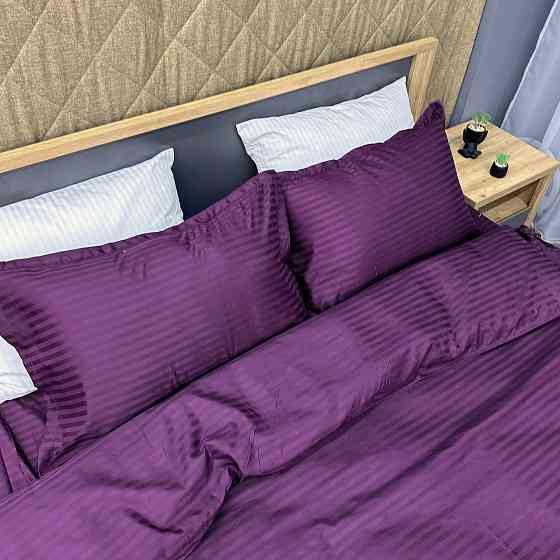 Комплект постельного белья Страйп-сатин Двуспальный 180х220 с простыней на резинке Баклажановый (88-088) Киев