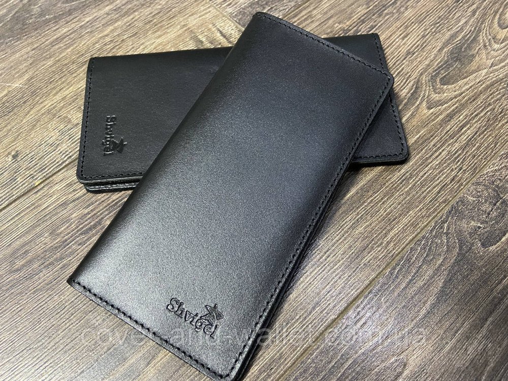 Тонкий мужской кожаный кошелёк купюрник черного цвета ручной роботы SHVIGEL Киев - изображение 3