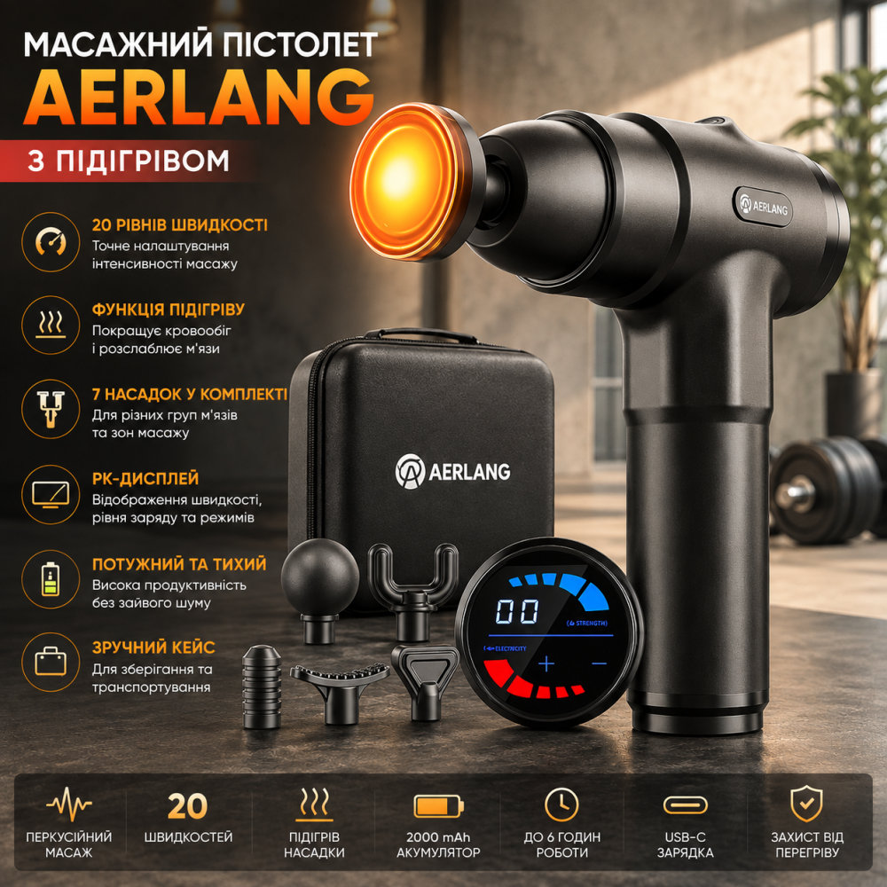 Массажный пистолет AERLANG с подогревом: перкуссионный массажер для мышц, 20 скоростей, 7 насадок, ЖК-дисплей, Кейс Киев - изображение 10