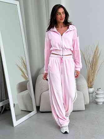 Женский повседневный велюровый костюм двойка: кофта и брюки Розовый, 48/52 Одесса