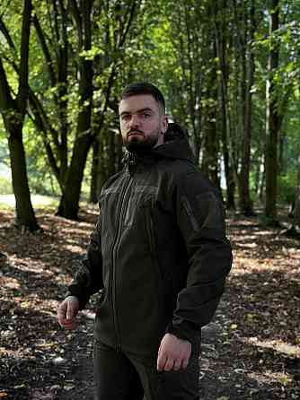 Військовий чоловічий демісезонний костюм soft shell, тактична оливкова форма з липучками для шевронів і капюшоном Львів